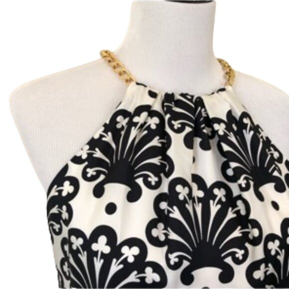 Milly 100% Silk Black White Medallion Scarf Print Halter Top Gold Chain Accent 2 - Picture 2 of 7